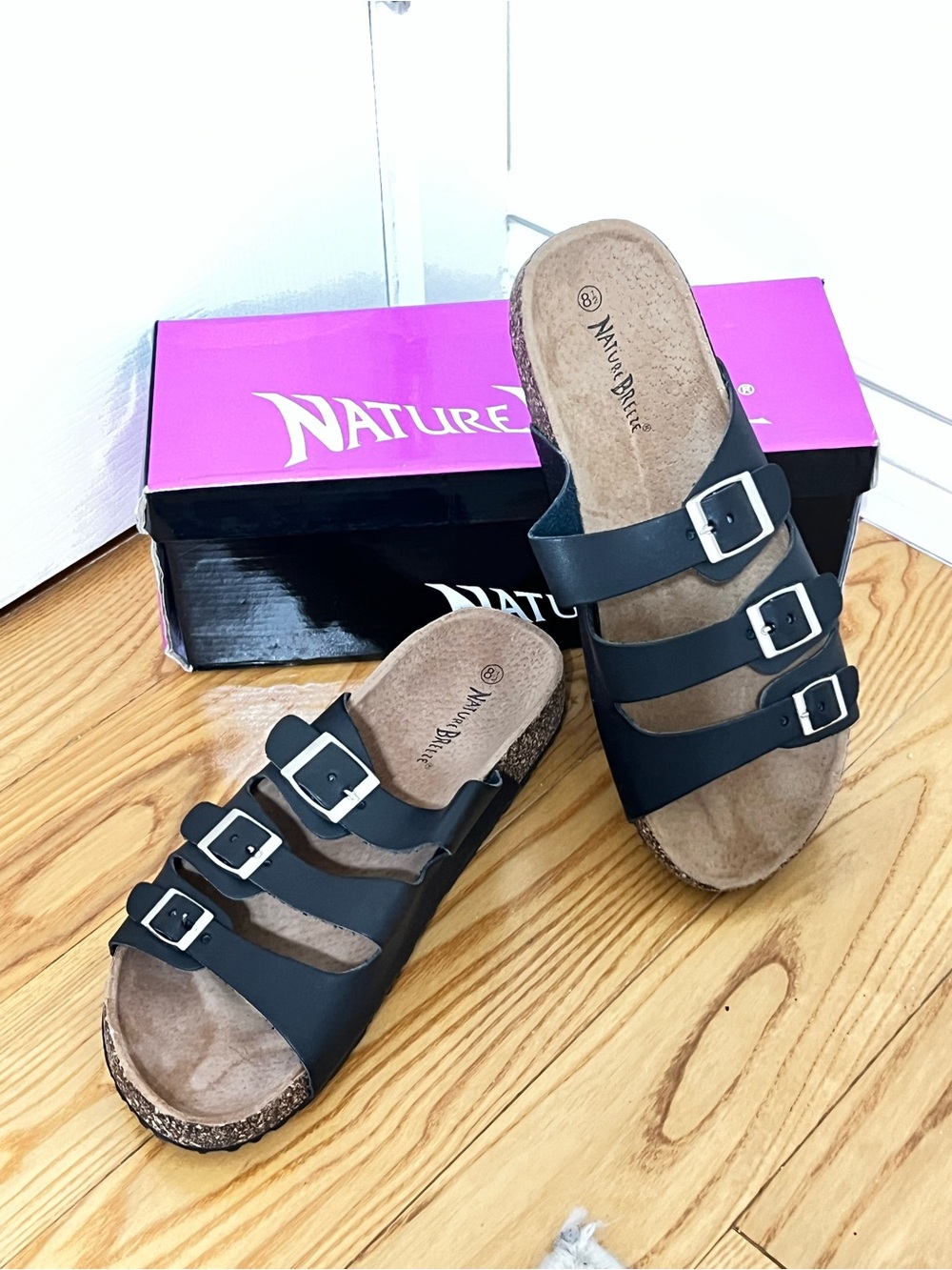 Nature Breeze Black Triple-Buckle Cork Footbed Slide Sandals for Women 8 1/2